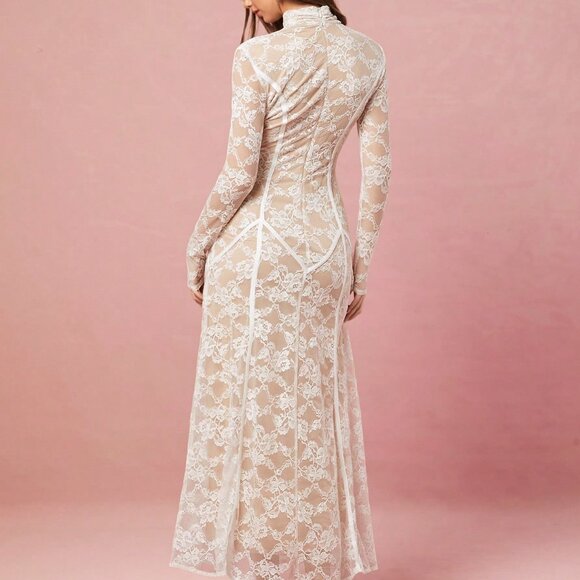 White Elegant Women's Sweet Floral Lace Sexy Dress - Picture 2 of 7